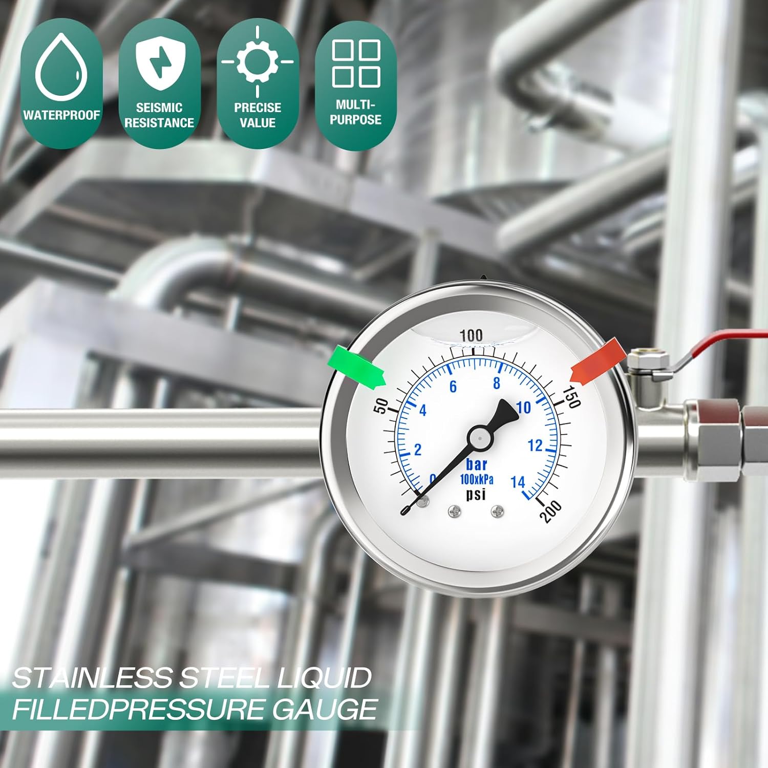 0-200PSI Stainless Steel Liquid Filled Pressure Gauge, 2.5" Dial Size, 1/4" NPT 316 Stainless Steel Joint, Back Mount, for Tube, Water Pump, Gas, Liquid (with Range Mark Pointer)