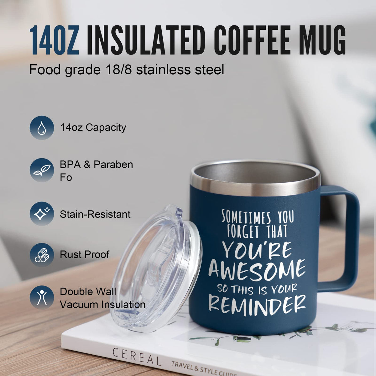 Stainless steel travel coffee mug front view