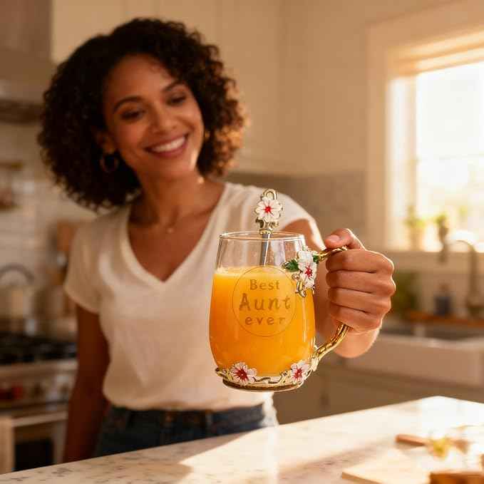 Best Aunt Ever Printed Flower Tea Glass - Hidden in Socks, Perfect Christmas Thanksgiving Gift for Aunt Auntie or Neighbor