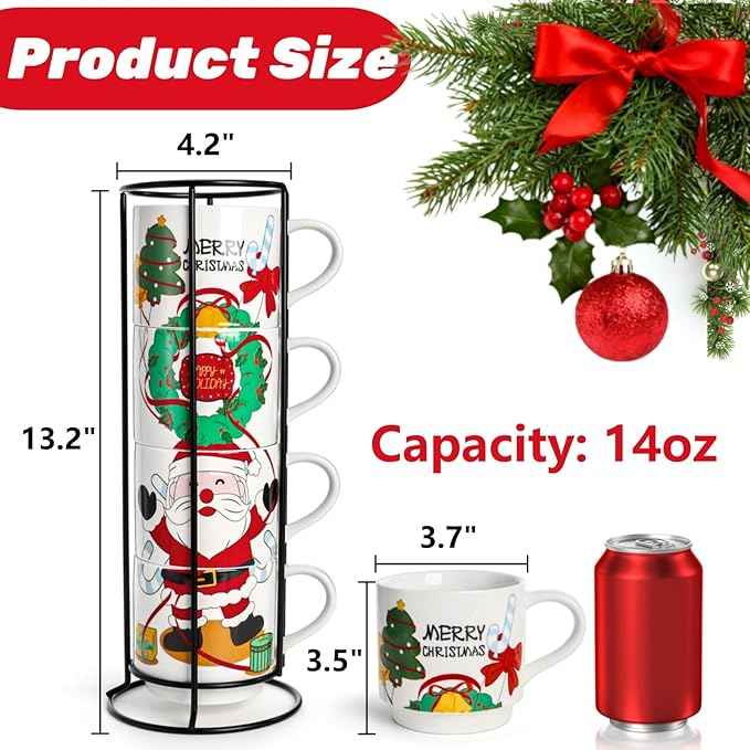 Peohud Set of 4 Christmas Coffee Mugs, 14 Oz Stackable Cappuccino Cups with Metal Stand, Porcelain Holiday Hot Cocoa Mugs Gift Set for Families, Friends, Latte, Americano, Milk, Beverages