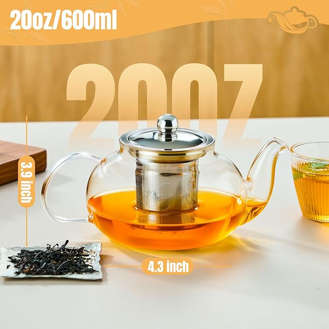 Baalaka Glass Teapot Stovetop 20 OZ/600ml, Tea pot with Removable 18/8 Stainless Steel Infuser, Borosilicate Clear Tea Kettle, Teapot Blooming and Loose Leaf Tea Maker Tea Brewer for Camping, Travel