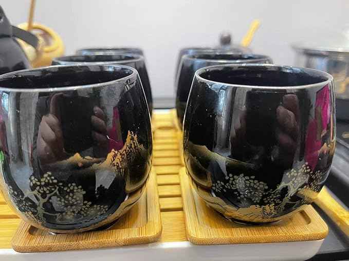 Japanese Tea Set, Black Glazed Tea Set in Gift Box With 1 Teapot, 1 Tea Strainer, 1 Tea Tray and 6 Tea Cups. Ideal Tea Set for Office Home, Asian Tea Sets for Tea Lovers(Landscape Black and Black Cup)