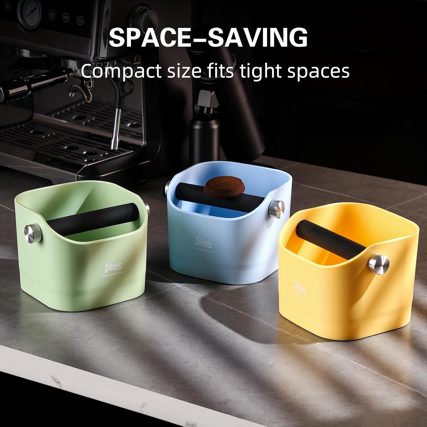 Espresso Knock Box - Bincoo Espresso Machine Knock Box/Espresso Grounds Knock Box, Barista Style Coffee Knock Box for Grounds with Removable Shock-Absorbent Knock Bar and Anti-Slip Base. (yellow)