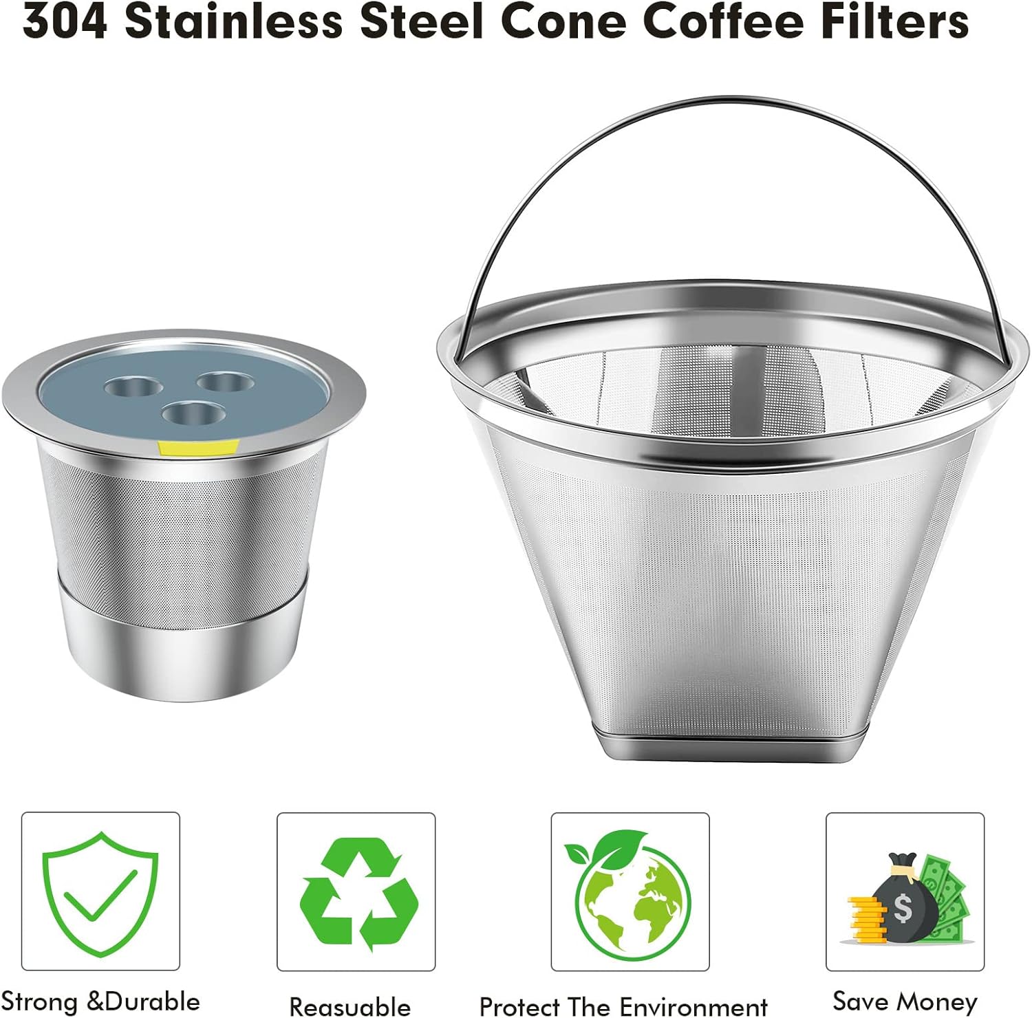 Stainless Steel Reusable Coffee Filter Compatible with Coffee Maker, Reusable Coffee Pods with 4 Cone Coffee Filters, Reusable Coffee Filters for Ninja CFP201 CFP300 CFP301 CFP307