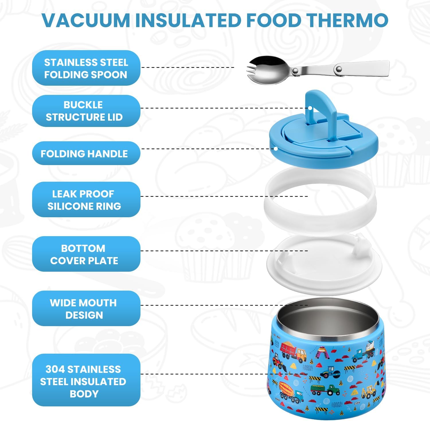 Soup Thermo for Hot Food Kids 14oz Lunch Containers with Buckle Lid Wide Mouth Hot Food Jar Vacuum Insulated Stainless Steel Bento Box Leakproof with Spoon (Truck) - Blissbrew