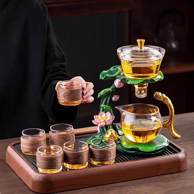 Glass Teapot with Infuser Chinese Gongfu Tea Set,6 cups,Magnetic Semi Automatic Design for Loose Leaf Tea
