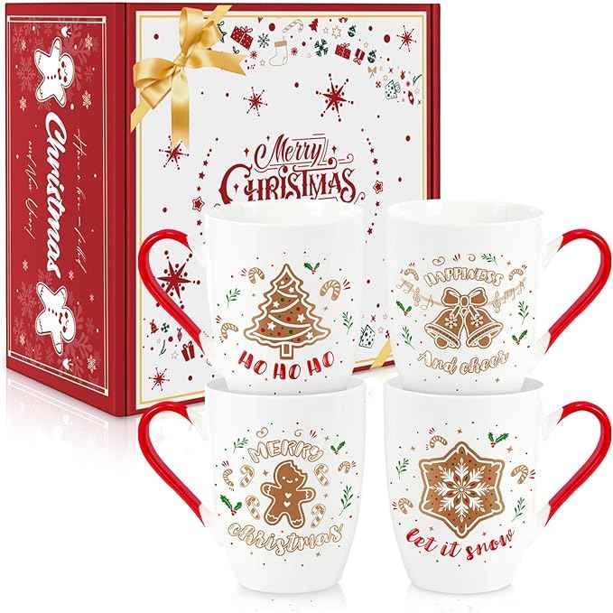 Christmas Coffee Mug Set of 4, 12 oz Gingerbread Man Coffee Mug with Handle, Hot Cocoa Ceramic Mugs with Gift Box for Mom Woman Family Friends Colleagues