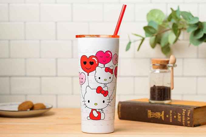 Silver Buffalo Hello Kitty Heart Balloons Double Walled Stainless Steel Tumbler with Straw, 22 Ounces (Pack of 12)