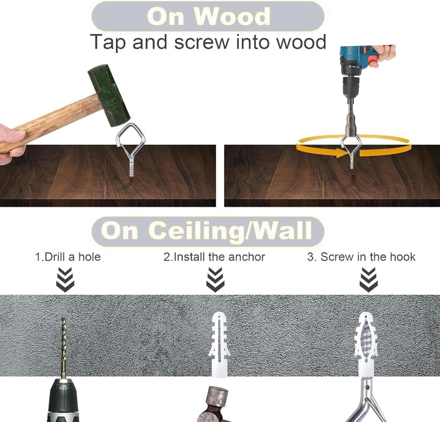 10 PCS Eye Screw Hooks for Hanging Heavy Duty with Safety Buckle.Metal Ceiling Hooks for Hanging Plants,Cup,Wind Chime,Bird Feeders,christmas String Lights at Indoor&Outdoor,2.36 Inch(No Drill Bit)