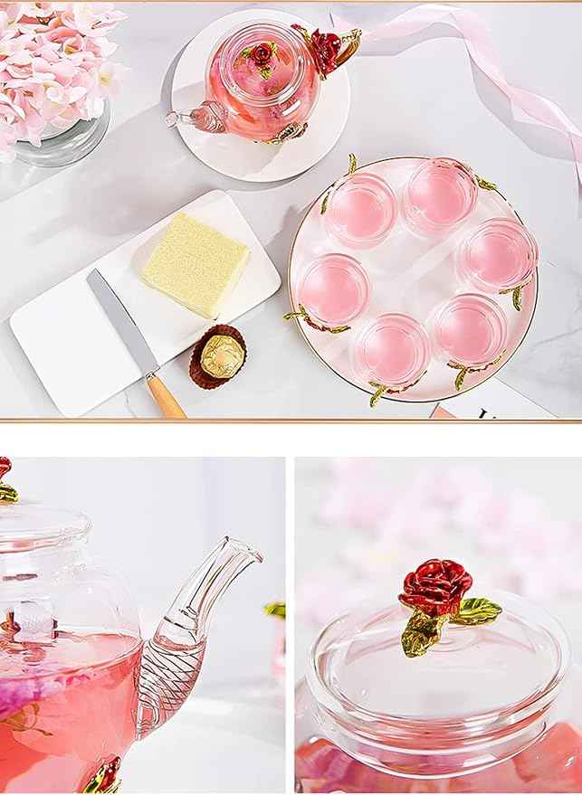 xixi-home Glass Tea Set,Red Rose Teapot Set,Flower Teapot and Cup Set 7-piece set Thickened Clear Tea Kettle coffee cup set fashion ladies Fancy Tea Set,Mother's Day gift-exquisite gift box