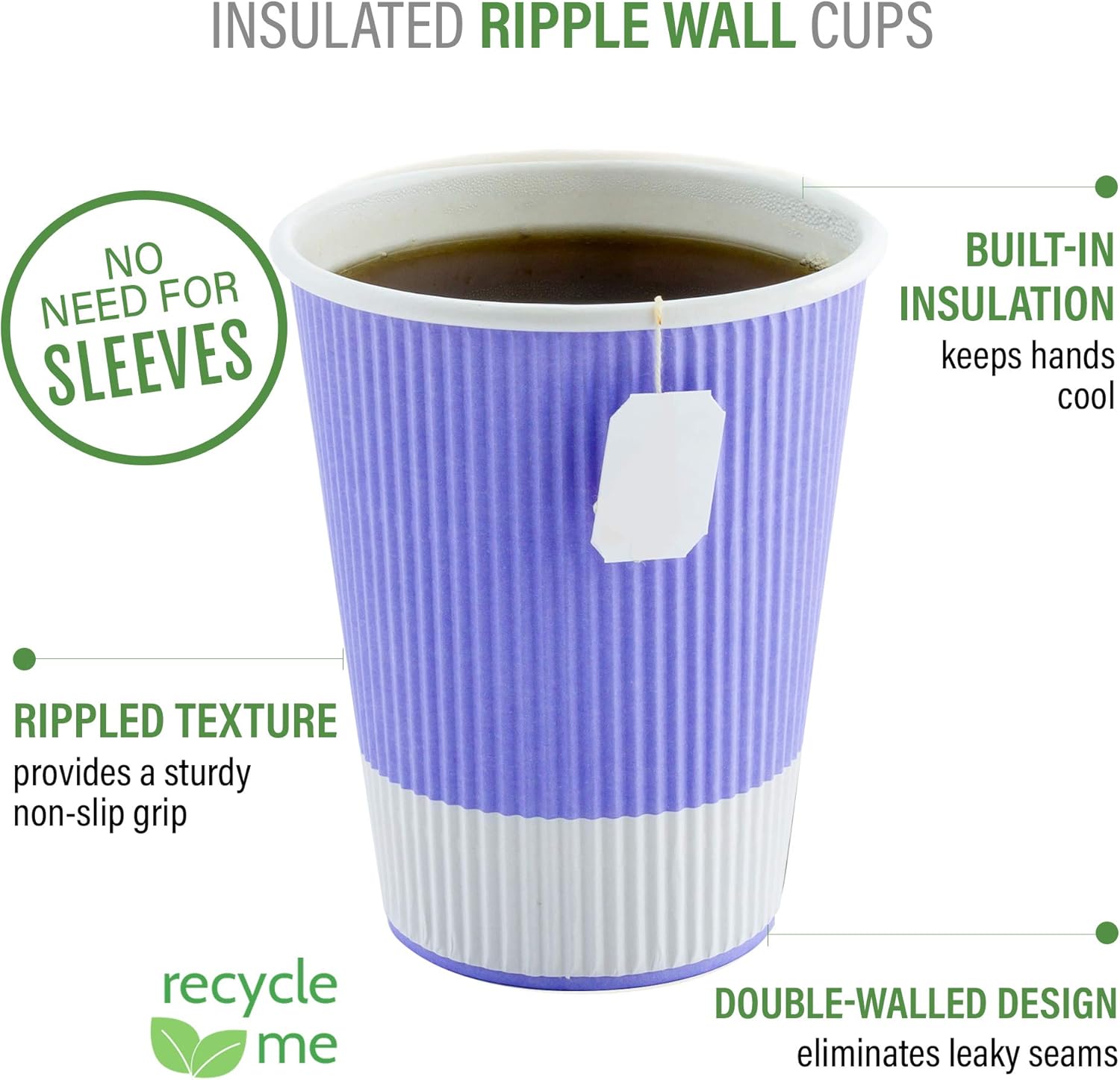 Restaurantware 4 Ounce Ripple Insulated Coffee Cups, 500 Double Wall Corrugated Light Purple Paper Tumblers, Leakproof, Non-Slip Design, Recyclable, Ribbed Surface, Matching Lids Sold Separately