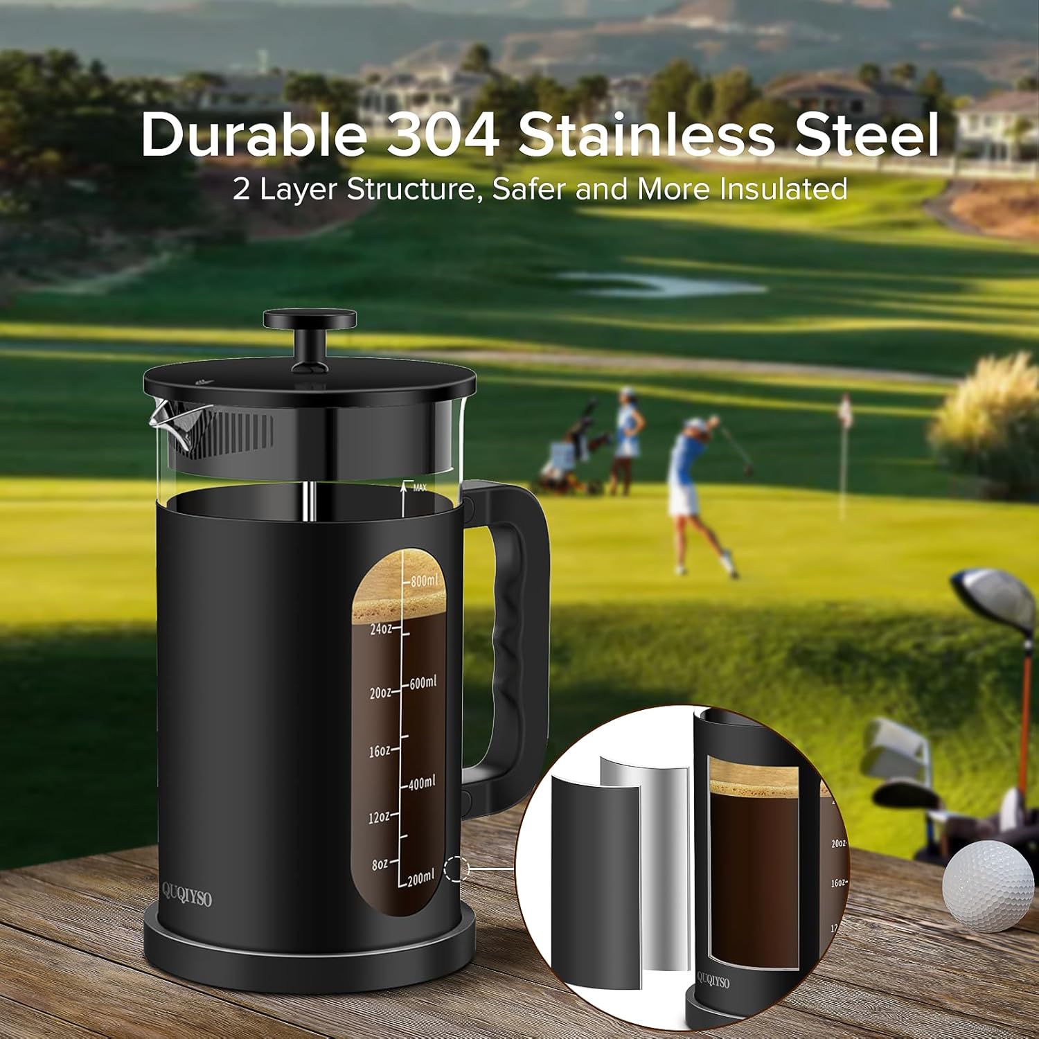 QUQIYSO French Press Coffee Maker, 304 Stainless Steel French Press with 4 Filter, Heat Resistant Borosilicate Glass, Easy to Clean, BPA Free Coffee Press Rust-Free Coffee Maker, 34 ounce, Black - Blissbrew