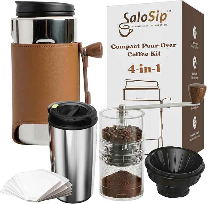 4-in-1 Portable Manual Pour Over Coffee Maker with Grinder – Travel & Camping Pour Over Set – All-in-One Portable Coffee Brewer Kit with Stainless Steel Kettle, Thermal Mug & Dripper
