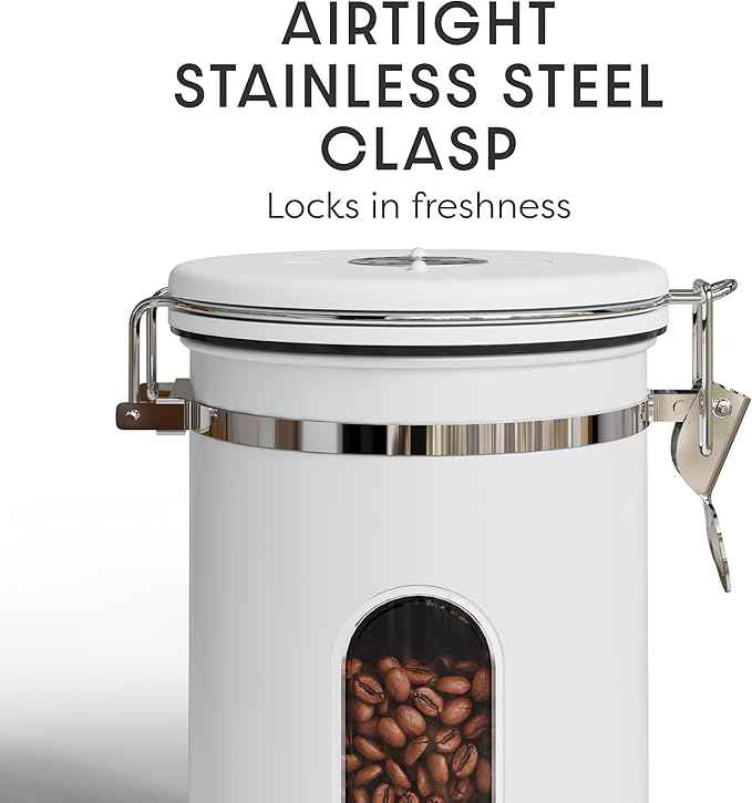 Veken Coffee Canister with Window, Easter Gifts Airtight Stainless Steel Container with Lids, Home Kitchen Food Storage Jars for Grounds, Beans, Tea, Flour, Cereal, Sugar, Basket, Scoop, 22OZ, White
