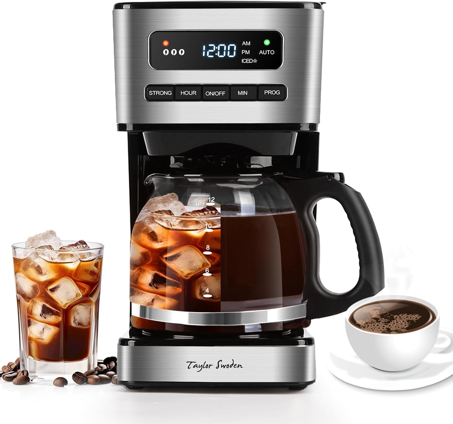 Taylor Swoden Programmable Coffee Makers 12 Cup, Hot and Iced Coffee Maker, 4 Brew Strength, LED Display, 24H Timer, Keep Warm&Auto Shutoff- Drip Coffee Machine for Home/Office, Black &Stainless Steel - Blissbrew