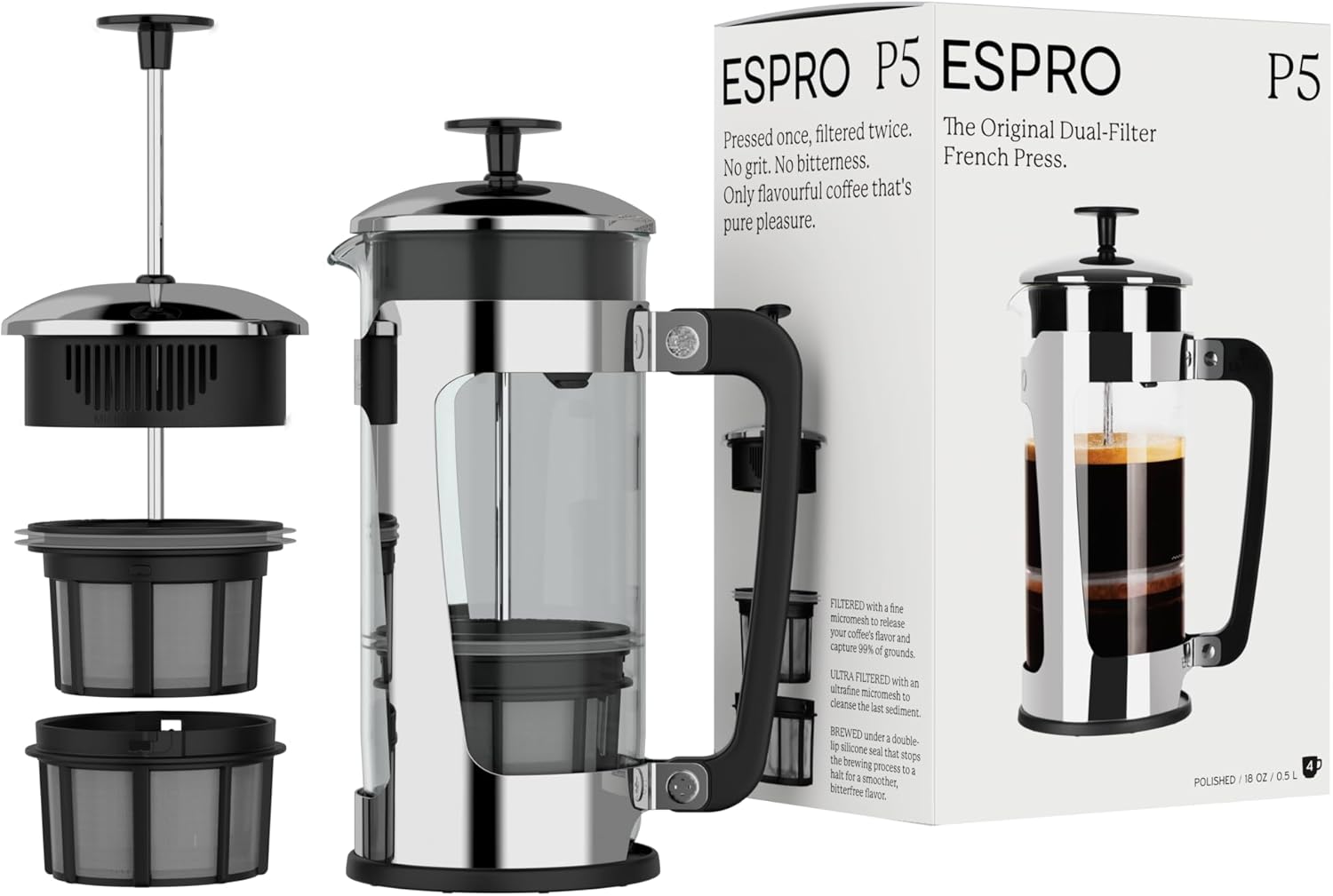 ESPRO - P5 French Press Coffee Maker – Patented Double Microfilter for Sludge and Grit Free Coffee – Made in Taiwan, Black, 18 oz - Blissbrew