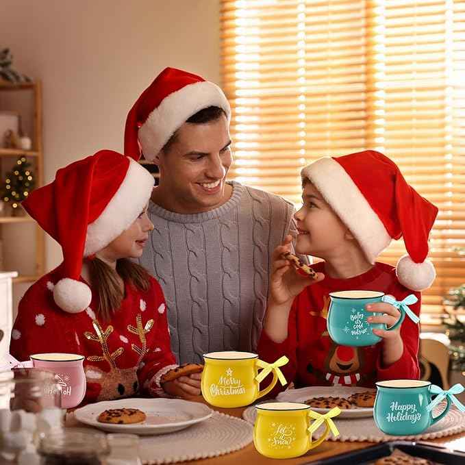 Sawysine Christmas Coffee Mugs Set of 6, 12 oz Ceramic Mug Gift Holiday Hot Cocoa for Family Mom Woman Friend Farmhouse(Pastel Style)