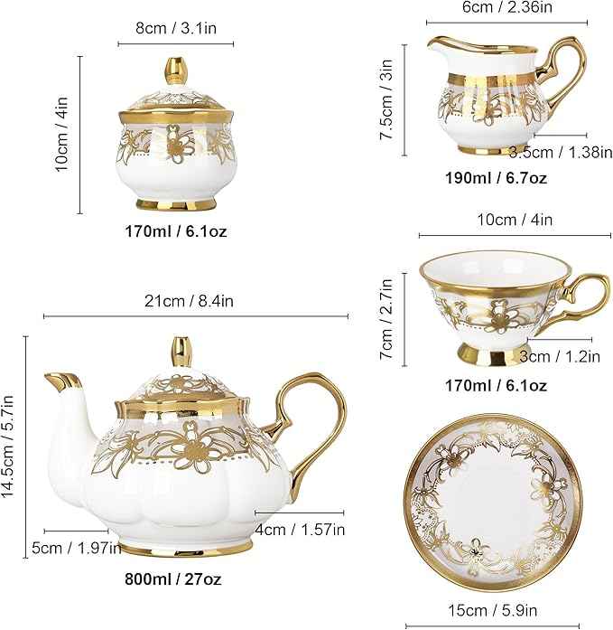 fanquare 21 Pieces Porcelain Tea Set with Sugar Bowl Creamer, Cup and Saucers for 6, Royal Floral Tea Service with Gold Trim for Party Wedding Birthday Gifting
