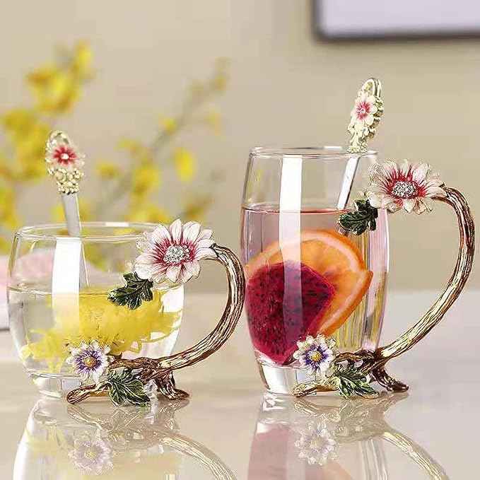 Tea Cup Gifts for Mom Women Mothers Day Glass Coffee Enamels Mug Birthday Butterfly Rose Gifts for Her Valentines Day Christmas Tea Cup with Spoon (A-Cup-Short-Chrysanthemum)