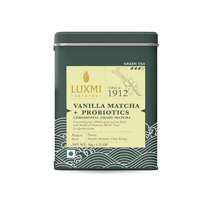 Luxmi Estates Vanilla Matcha with Priobiotics (50 g) Organic Matcha Tea, Rich in Antioxidants, Tea for Relaxing
