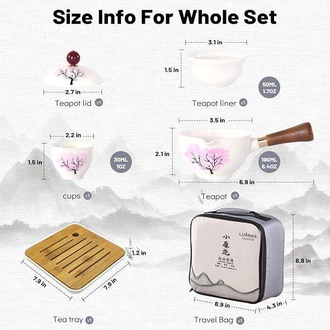 LURRIER Porcelain Chinese Gongfu Tea Set,Portable Teapot Set with 360 Rotation Tea maker and Infuser,Portable All in One Gift Bag for Travel,Home,Gifting,Outdoor and Office (Sakura)