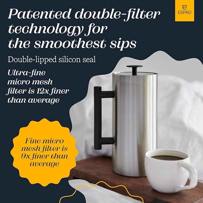 ESPRO P6 32 Ounces French Press Coffee Maker, Double Walled Stainless Steel Insulated, Brushed Stainless Steel