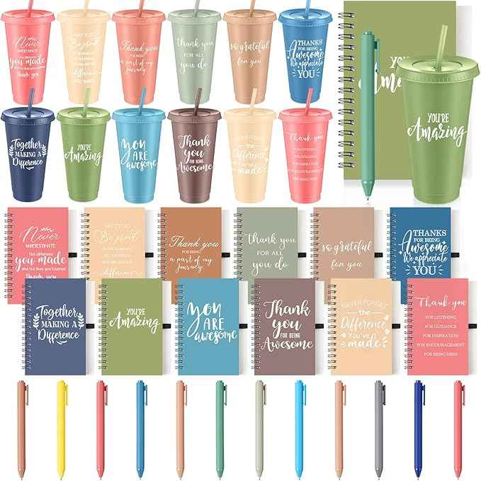 Shellwei 36 Pcs Employee Appreciation Gifts Bulk 24 oz Thank You Tumbler with Lid and Straw Mini Spiral Notebooks and Pens Appreciation Gifts for Team Employee Coworkers Teacher (Different)