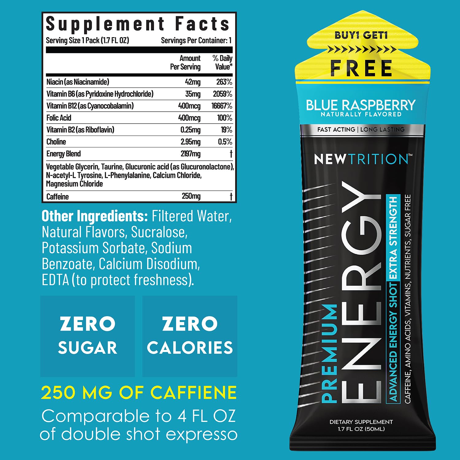 NewTrition® Extra Strength Energy Shots, 250mg Caffeine Energy Shots with Vitamin B & Amino Acids, Sugar-Free Vitamin Energy Shot, 1.7 fl oz (Pack of 12, Blue Raspberry)