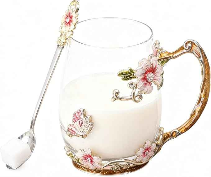 Flower Glass Coffee Tea Cup With Spoon Set Ideal Gifts For Mom Women Christmas Stocking Stuffers Valentine's Day Birthday Gifts For Her Girlfriend Wife Nice Present From Daughter Son (Red-Tal)