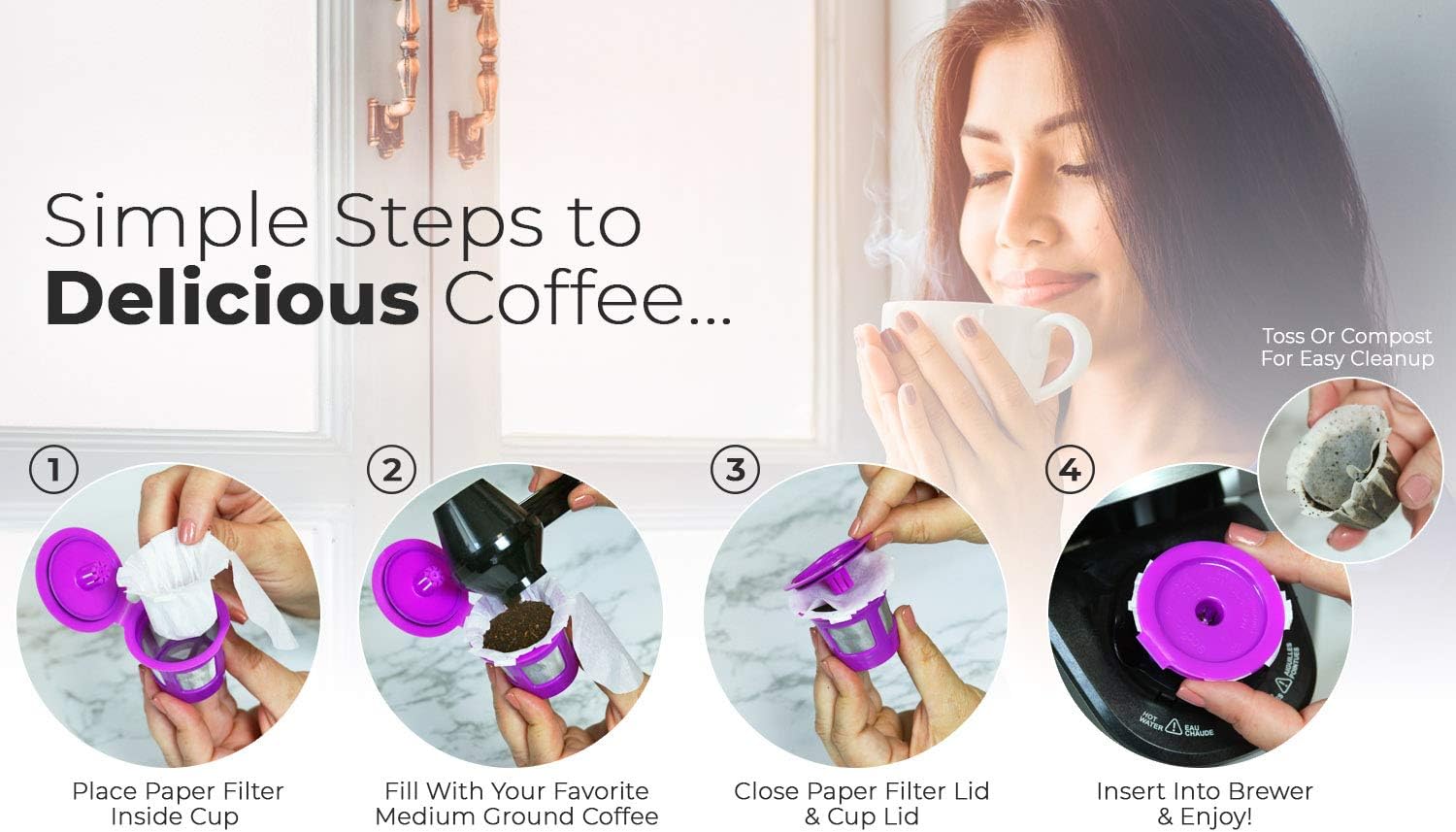 Perfect Pod EZ-Cup Disposable Paper Filters with Patented Lid Design for Reusable Coffee Pods - 4 Pack (200 Filters)