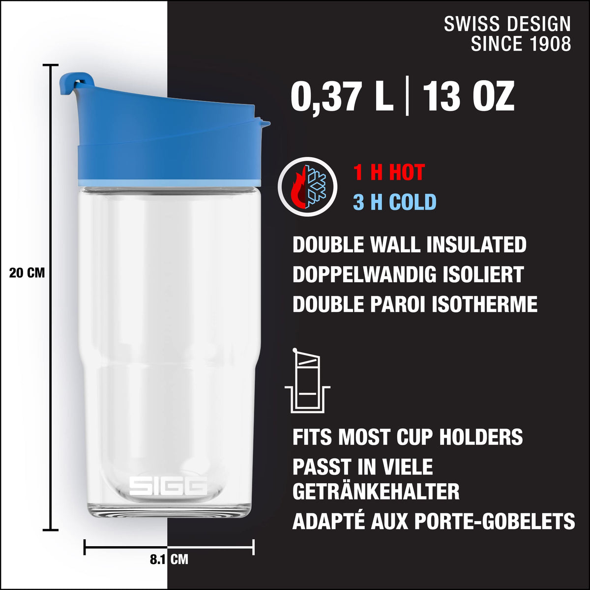 Double wall glass travel mug, 13 oz, front view