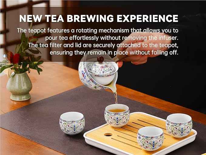 Chinese Tea Set Gongfu Tea Set, Japanese Tea Set with 360 Rotation Tea Maker and Infuser,Leather Bag for Travel, Outdoor,Office, Home, Gifting (4cups-White Treasure Flower)
