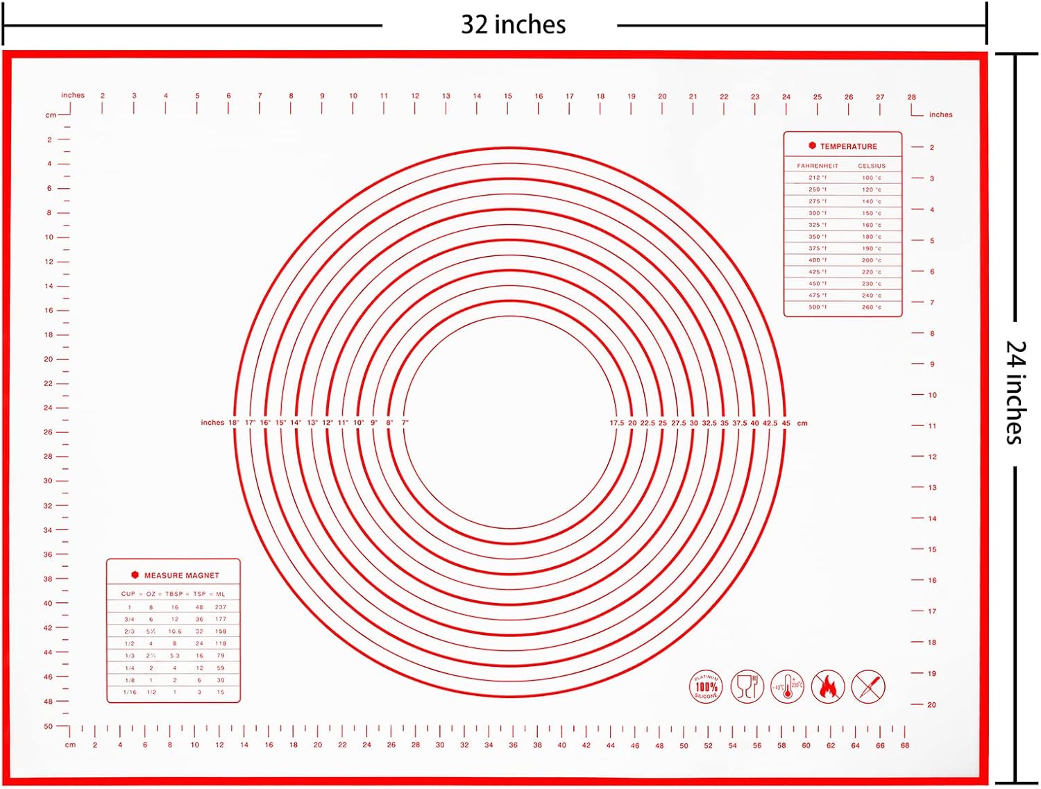 Yansumi silicone pastry non stick baking mat with measurement fondant mat with three sizes for silicone baking mat, counter mat, dough rolling mat,fondant/pie crust mat. (XXL, 32"L x 24"W,Red)