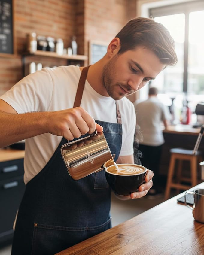 20oz Stainless Steel Milk Frothing Pitcher with Precision Spout and Measurement Markings for Espresso and Cappuccino, Silver