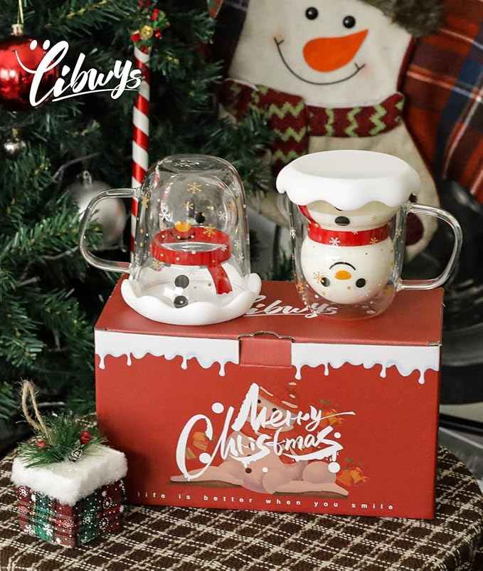 LIBWYS 2pcs Snowman Christmas Mugs, 13 oz Double Walled Coffee Mugs with Snowflake Lid, Heat Resistant mugs set for Hot Cocoa and Latte, Christmas Gift for Family, Friend
