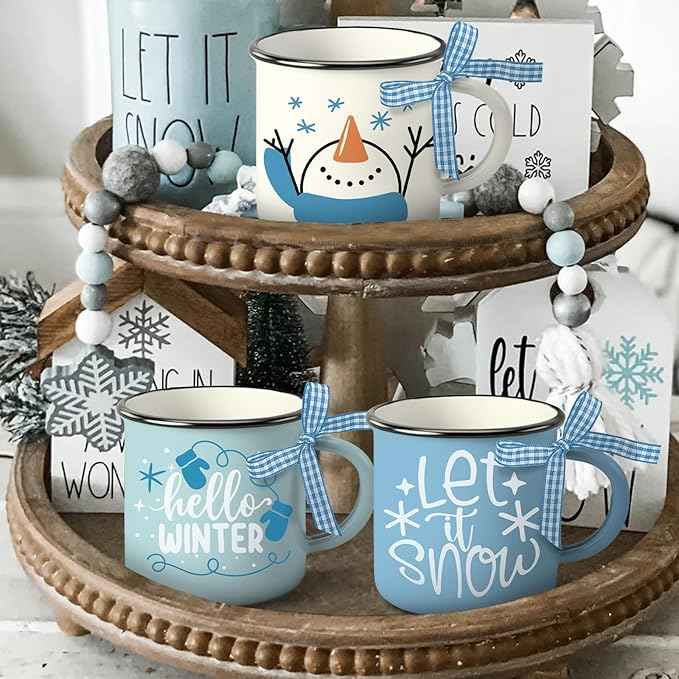 Hello Winter Snowman Mini Coffee Mug Set of 3, Let It Snow Glove Snowflake 5 oz Mini Coffee Cups Tiered Tray Decor, Blue Christmas Holiday Kitchen Coffee Bar Decorations Housewarming Gift