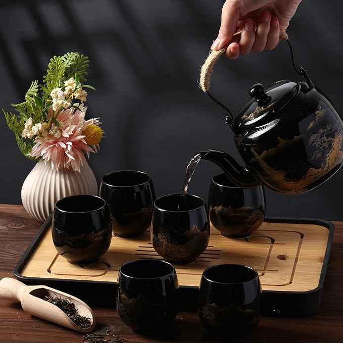 Hushee Japanese Tea Set in Gift Box Asian Porcelain Tea Set with 1 Teapot, 6 Cups, 1 Tray, 1 Stainless Infuser, Black Ceramic Chinese Teapot Valentine Gift for Adult Lover