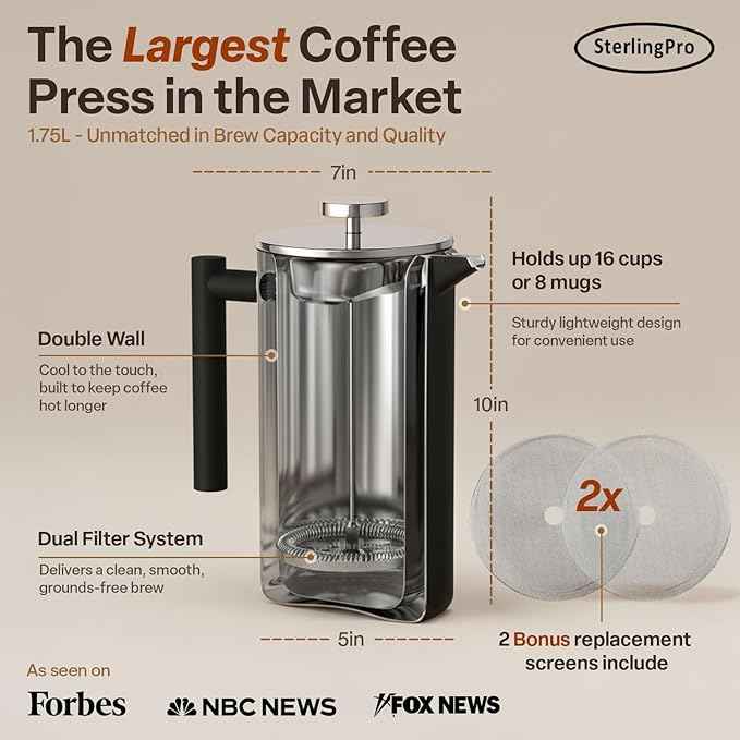 Stainless Steel French Press Coffee Maker 1.75 L (59 oz) Black – Double Walled Insulated Extra Large French Press, Durable Design Keeps Drinks Hot, Easy to Use and Clean for Rich Flavor