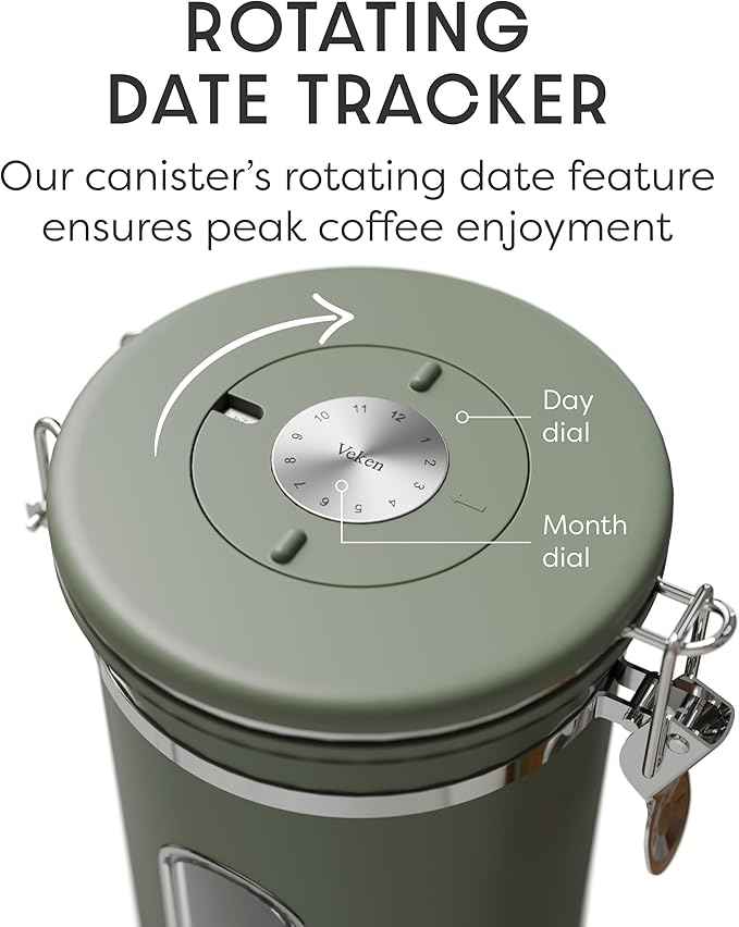 Veken Coffee Canister with Window, Easter Gifts Airtight Stainless Steel Container with Lids, Home Kitchen Food Storage Jars for Grounds, Beans, Tea, Flour, Cereal, Sugar, Basket, Scoop, 22OZ, Green