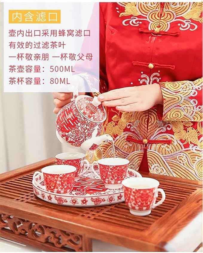 Chinese Tea Gift Set Service Porcelain Tea Pot 4 Cups tray for Adults Men Women Tea Ceremony Wedding Party Home Decor (Double Happiness（Chinese xi）)
