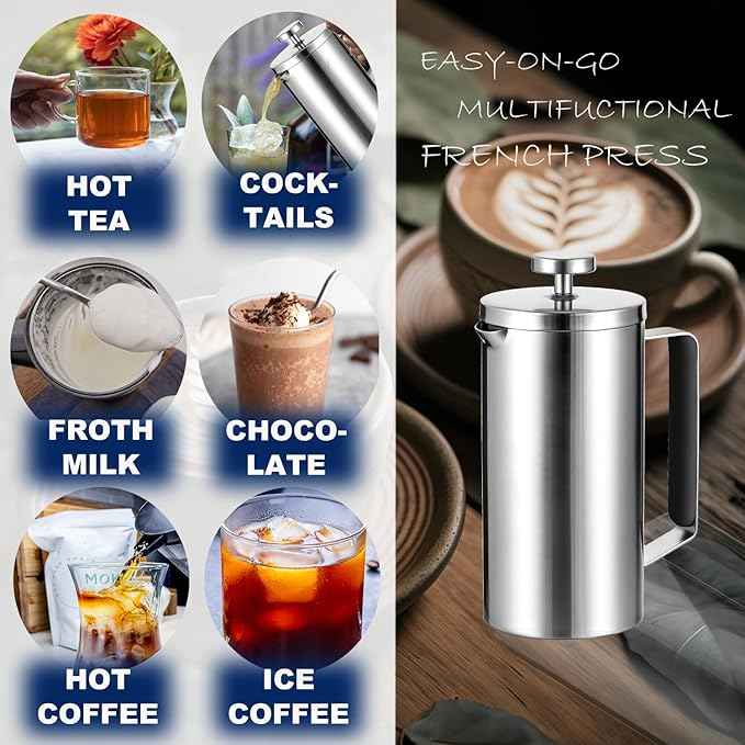 Samll French Press Coffee Maker 21OZ, Stainless Steel 600ml Coffee Press with Black Handle for Personal, Office, Travel,Camping (Sanding Silver, 1-3 Cups)