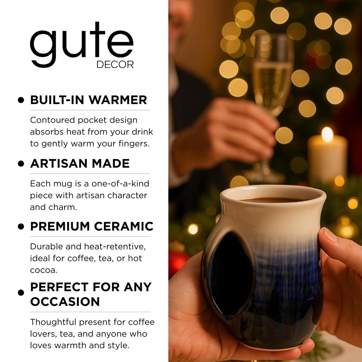 Ceramic mug with ergonomic hand pocket for hot drinks