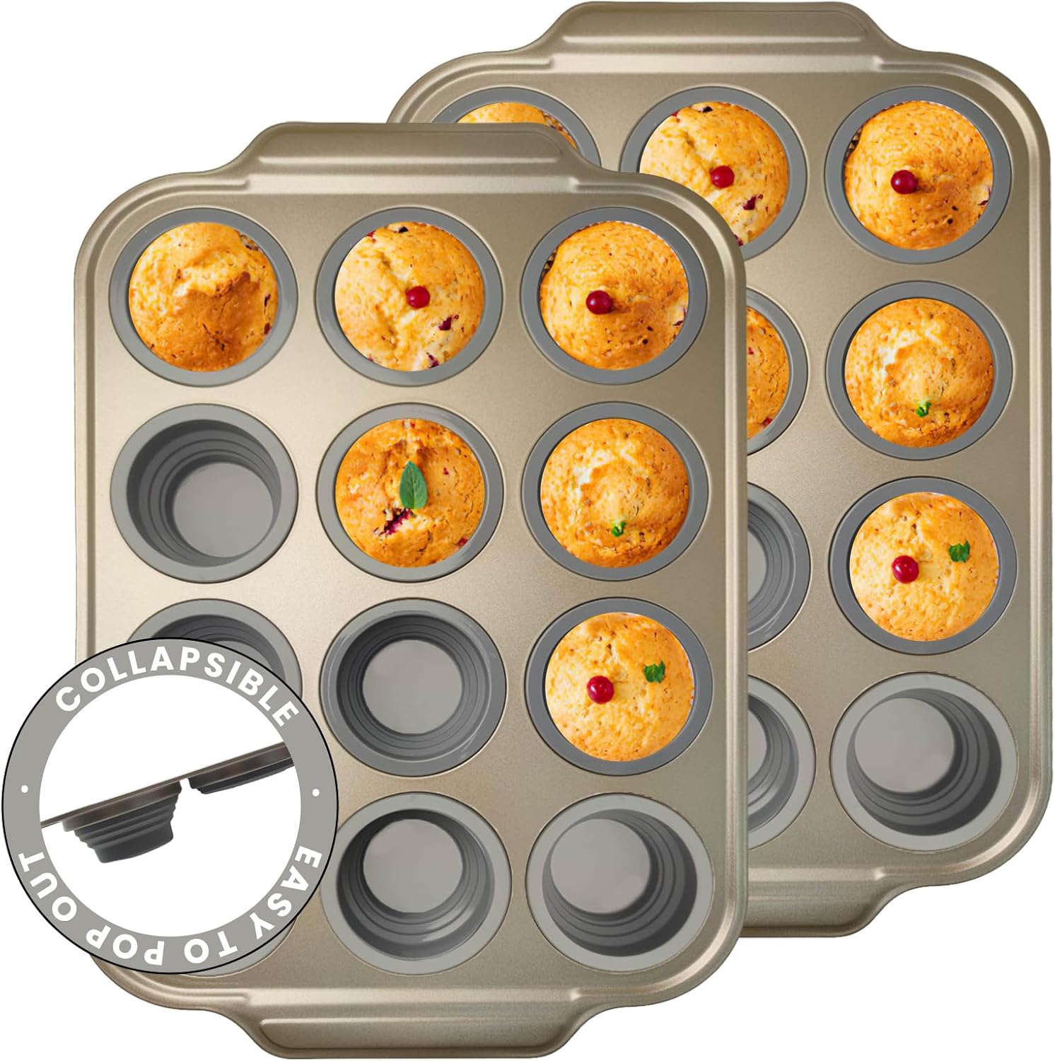 2 Pieces Carbon Steel 12 Hole Press Baking Silicone Cake Molds, Cupcake Baking Slices (12 Regular Sizes), Muffin Baking Sheets (Easy to Pop), Oven Safe Nonstick Non-Toxic Baking Pan