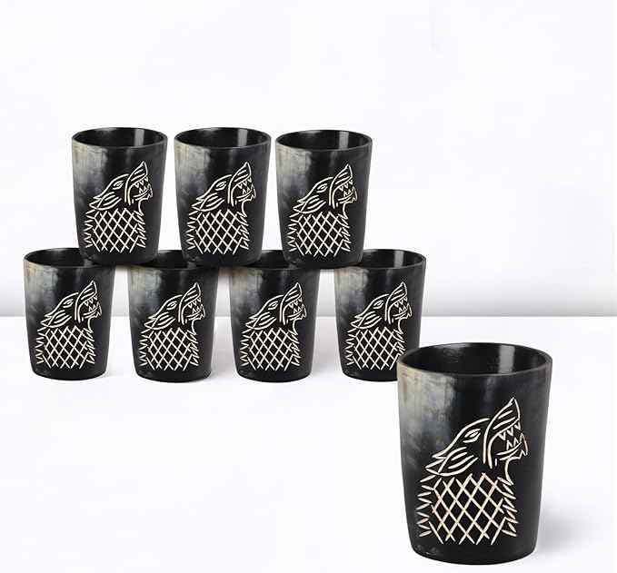 Handicrafts Home Viking Horn Shot Glasses Set of 8, Handmade Natural Ox Horn, Rustic Viking Drinkware Whiskey Shot Cups, Father’s day Gifts, Birthday Gifts for Men, Room Decor for Men