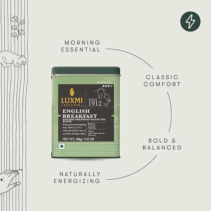 Luxmi Estates Tale of Two Estates English Breakfast Tea 100g/3.52oz (50 Cups) | Darjeeling Assam Black Tea Blend | Smooth Robust Caffeinated