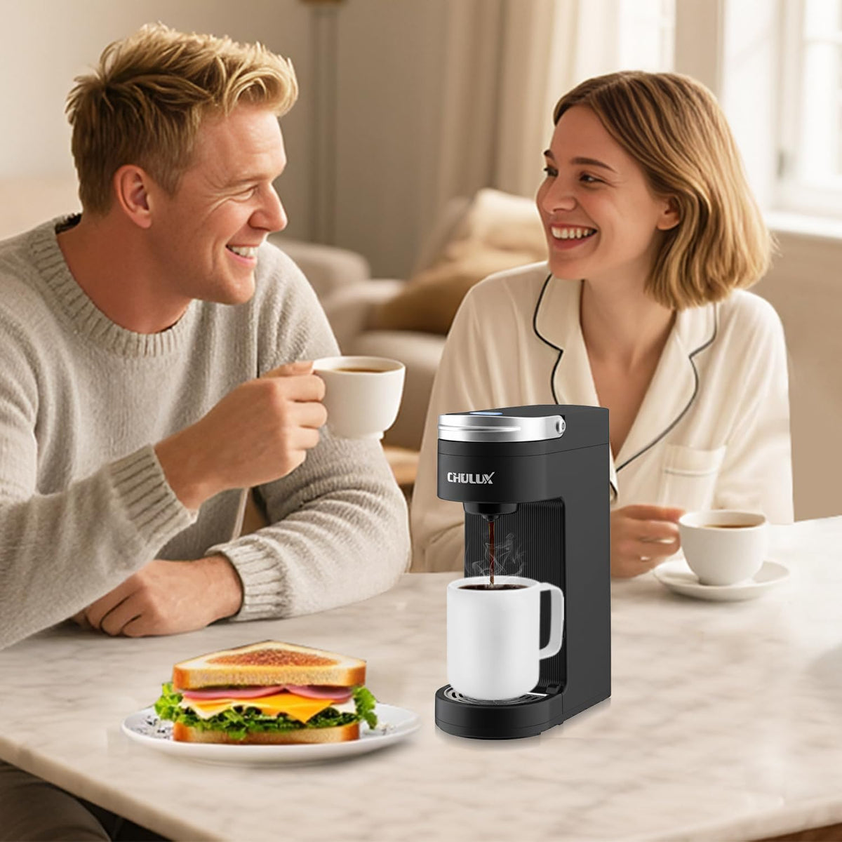 Single cup pod coffee machine on a countertop