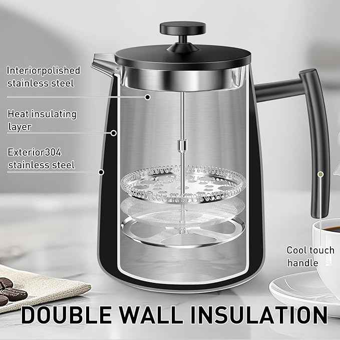 Secura 50oz French Press Coffee Maker – 304 Stainless Steel, Insulated Coffee Press with Extra Filter, Black