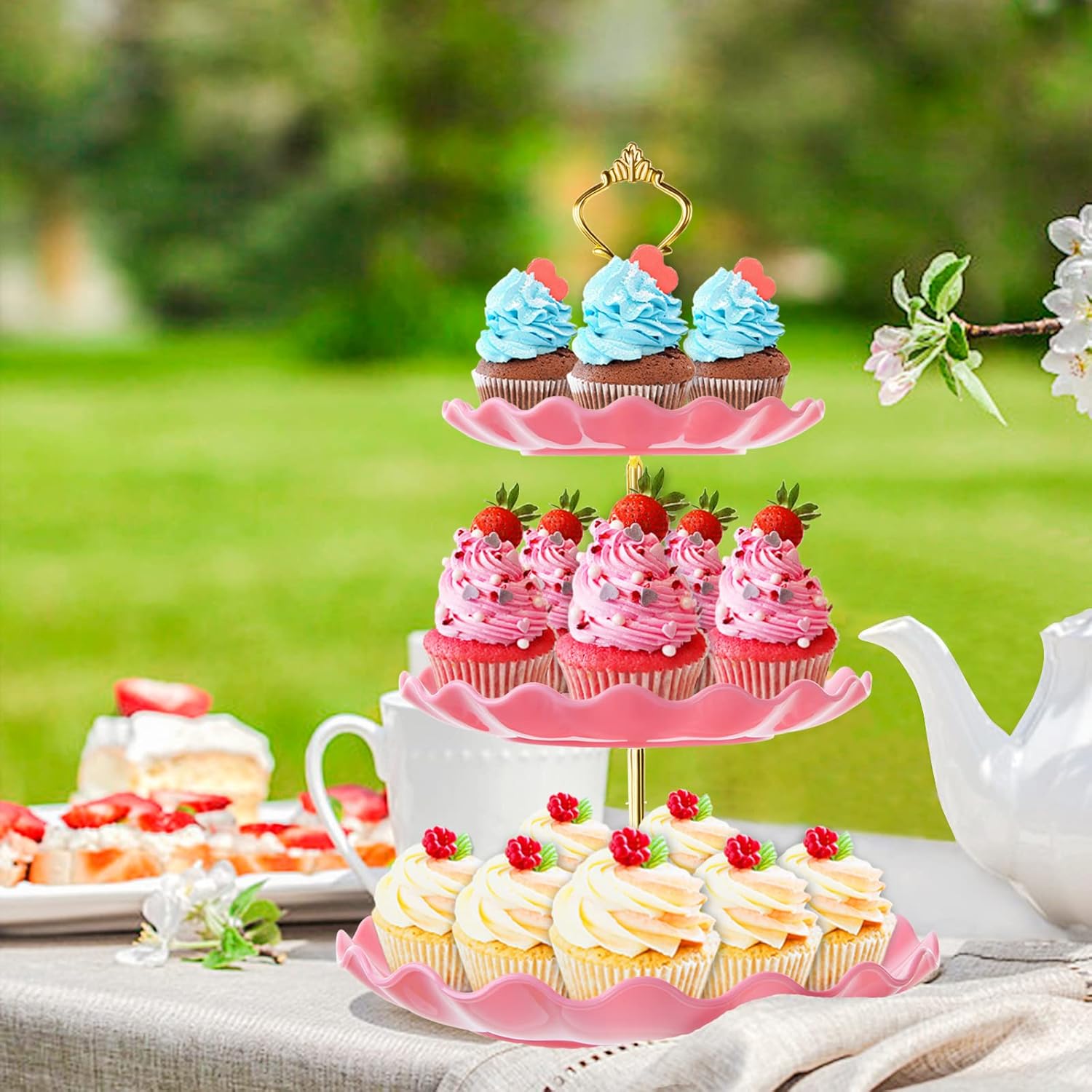 3 Tier Cupcake Stand Holder, BACUTHY Plastic Cup Cake Stand Tower with Tiered Serving Tray for Cupcakes, Donuts, Fruits and More, Pink