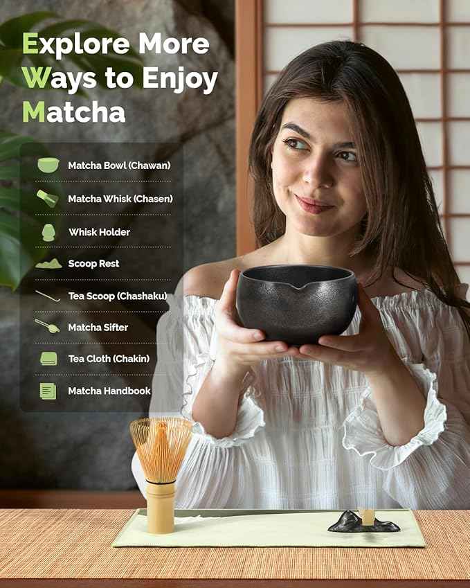Maestri House Matcha Whisk Set, 7-Pc Complete Matcha Kit with Spouted Ceramic Bowl, Bamboo Whisk and Holder, Scoop, Spoon Rest & Sifter, Tea Cloth – Ideal Gift for Matcha Lovers (Black Stone)
