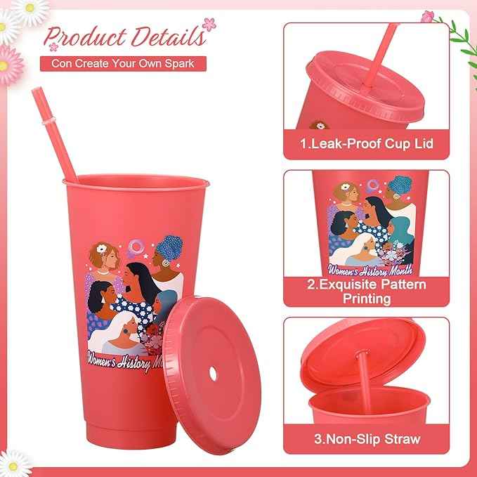 Skylety 24 Pcs Womens History Month Gift Drinking Cups Bulk 24oz with Lids Straws Reusable Plastic Inspirational Tumbler March Feminist International Womens Day Decorations Party Supplies for Adults